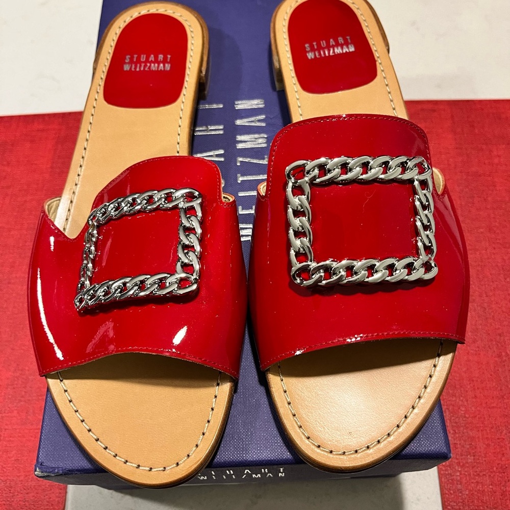 STUART WEITZMAN NIB AUTHENTIC LUXURY RED PATENT LEATHER & SILVER FLATS - Picture 6 of 17